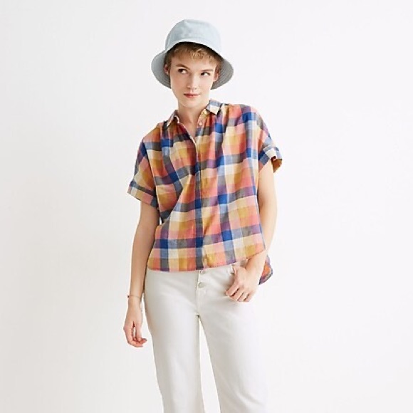 Madewell, Hilltop, Rainbow Madras Plaid, Boxy Shirt, Blue, Orange, Pink,… - Picture 4 of 14